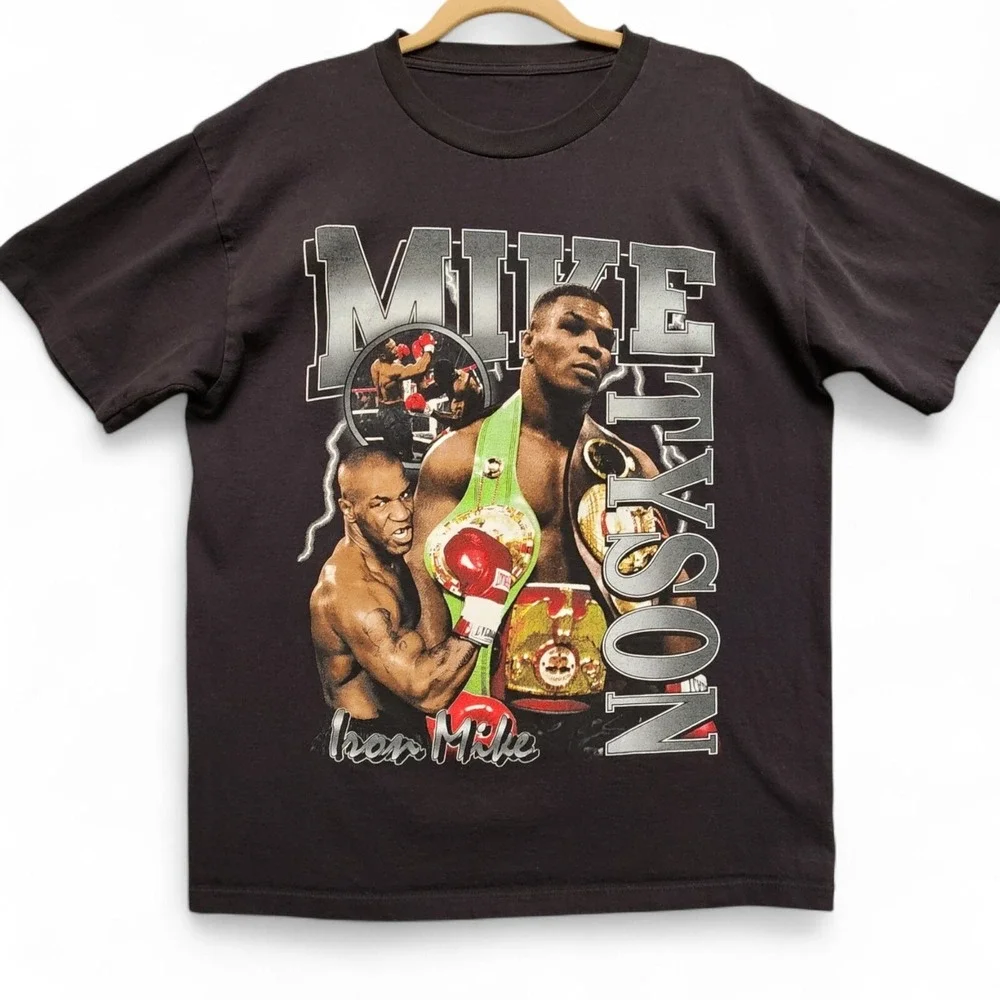 Iron Mike Tyson Championship Belts Graphic Shirt Mens Large Slim Fit Black Tee